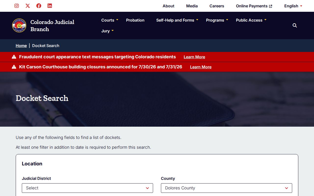 Dolores County criminal court cases docket search